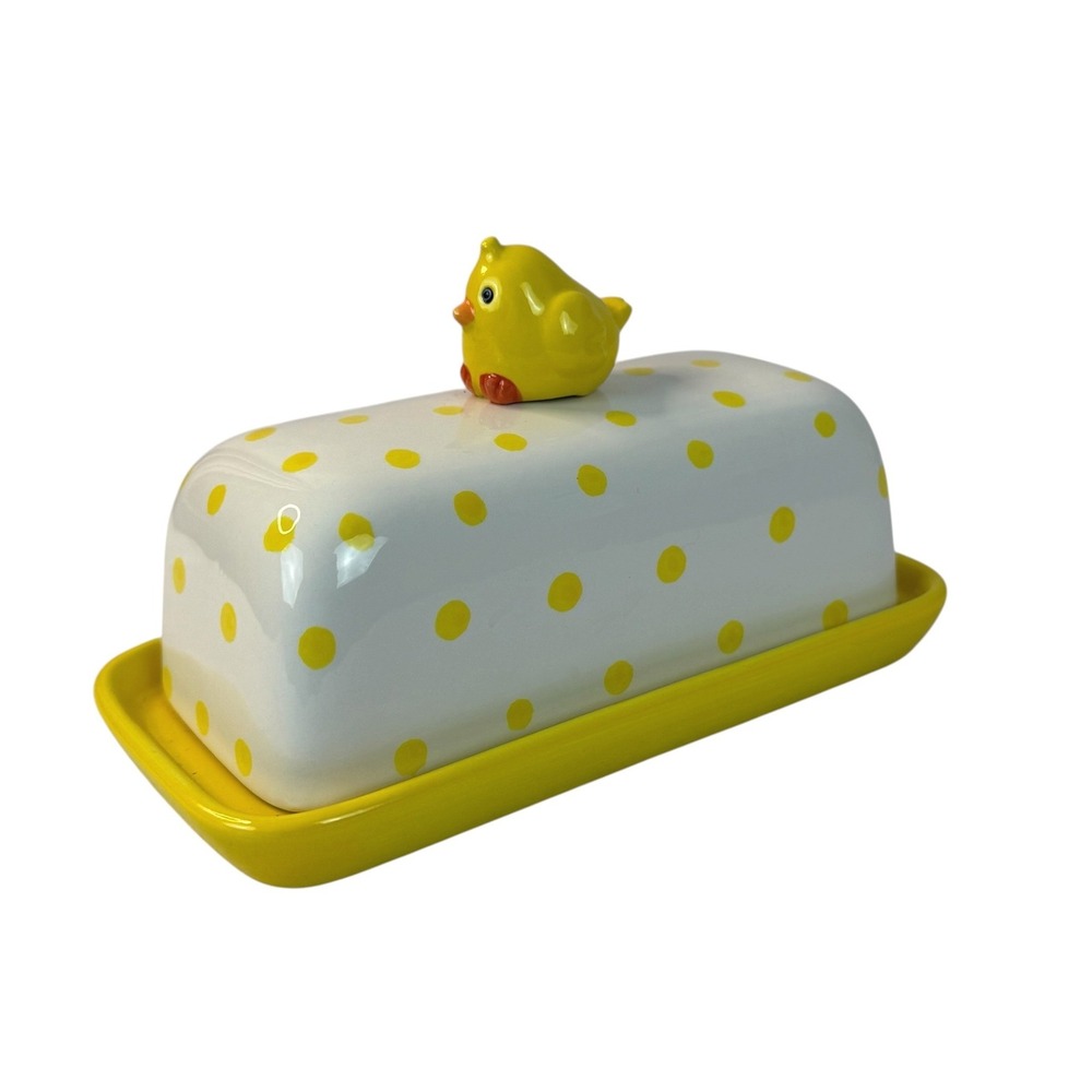 Tag Covered Butter Dish White Yellow Polka Dot Baby Chick Handle Lid Summer